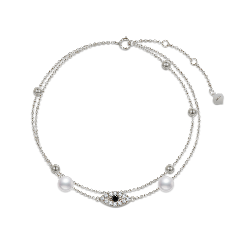 14K White Gold Cubic Zirconia Evil Eye Charm Bracelet-1