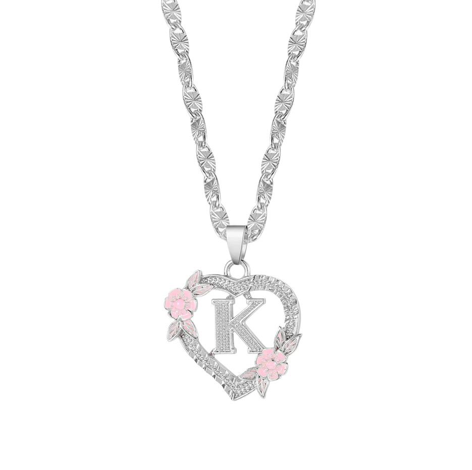 14K White Gold Flower Initial Necklace-1