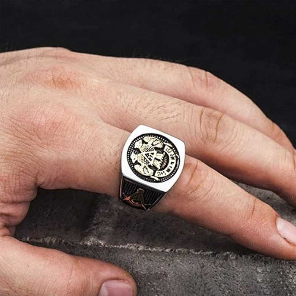 Anillo de sello masónico de oro blanco de 14 quilates para hombre-2