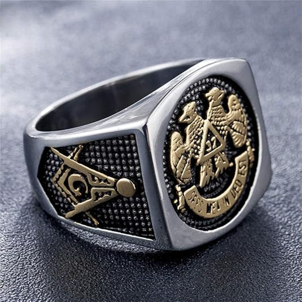 Anillo de sello masónico de oro blanco de 14 quilates para hombre-5