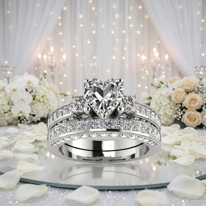14K White Gold Heart Cut Moissanite Bridal Set-3