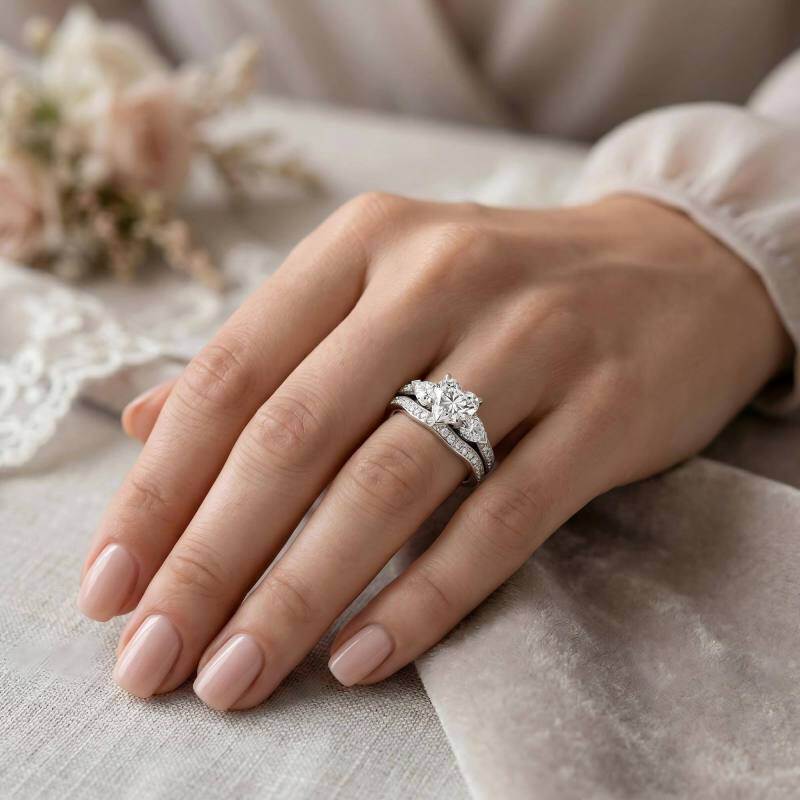 Ensemble de bijoux de mariage en moissanite taillée en cœur en or blanc 14K-2