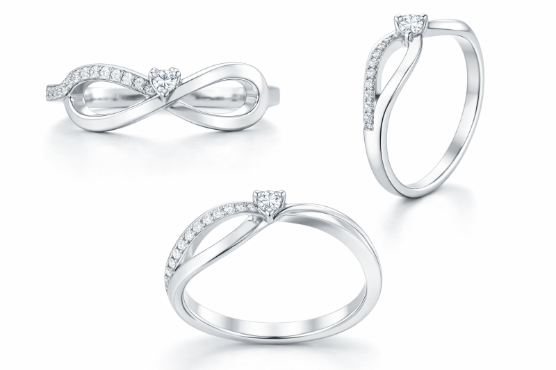 Anillo de oro blanco 14K con forma de corazón y símbolo del infinito de moissanita-3