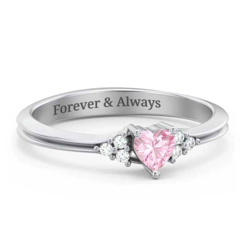 14K White Gold Heart Cut Personalized Birthstone & Personalized Engraving Birthstone Ring-1