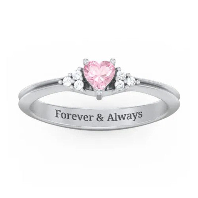 14K White Gold Heart Cut Personalized Birthstone & Personalized Engraving Birthstone Ring-3