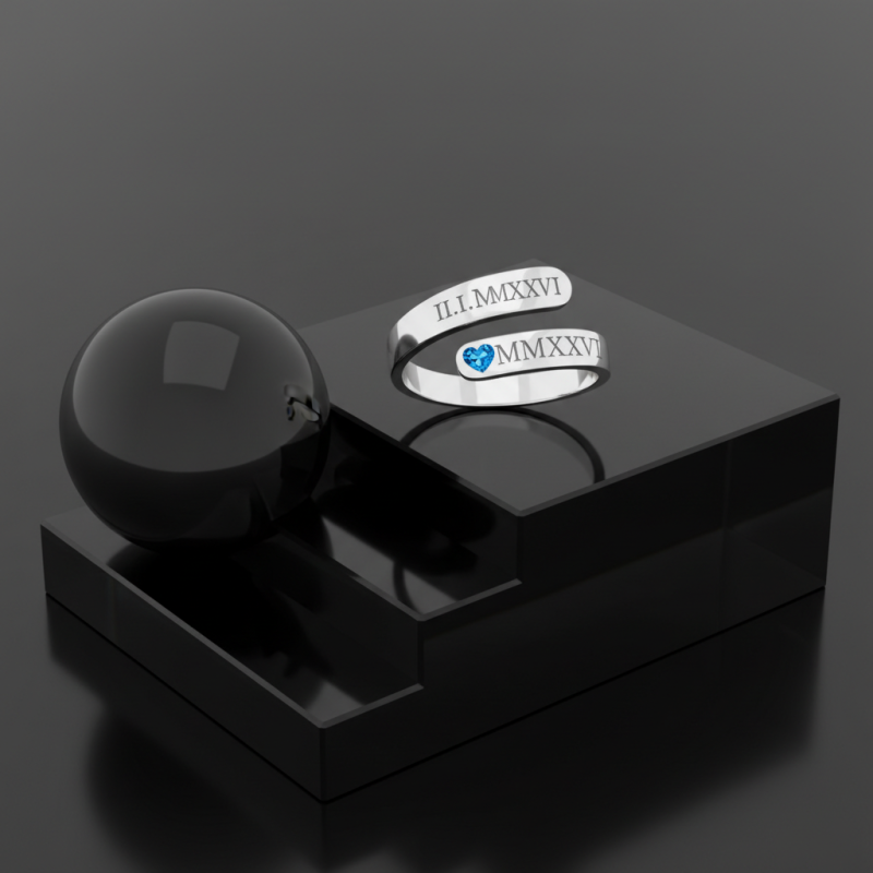 Anillo abierto de oro blanco de 14 quilates con talla en forma de corazón, piedra de nacimiento personalizada y grabado en números romanos-2