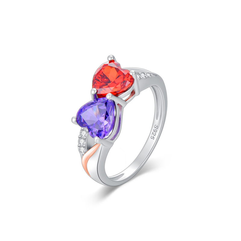 Anello personalizzato con pietra portafortuna in argento sterling con zirconi cubici a taglio cuore-17