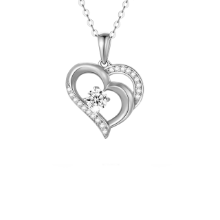 14K White Gold Cubic Zirconia Heart Metal Choker Necklace-16