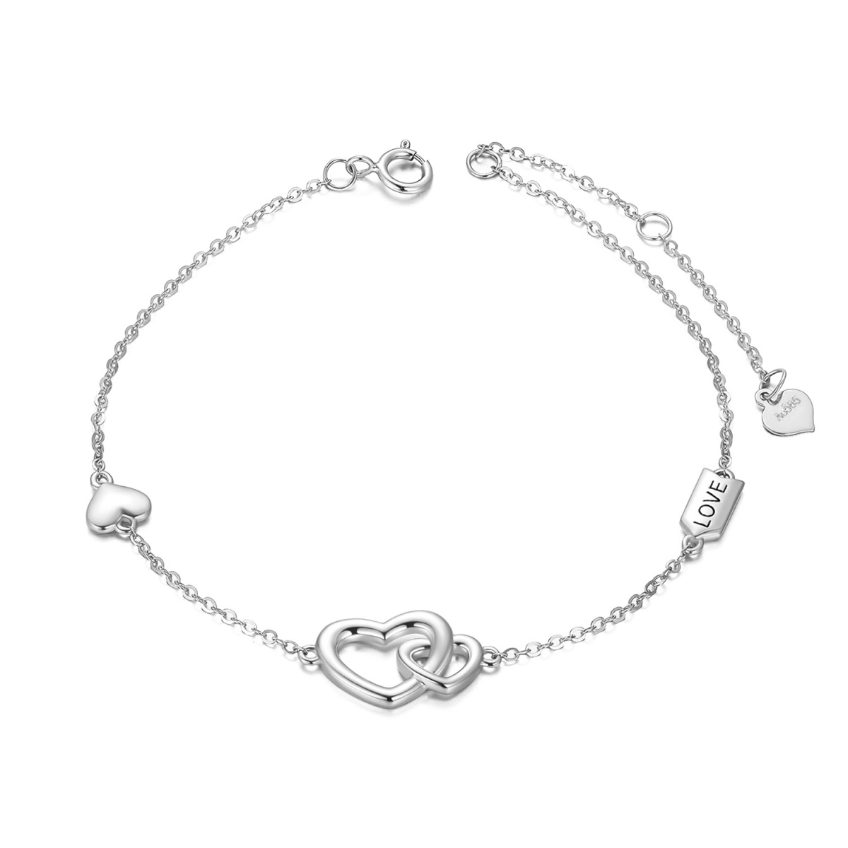 14K White Gold Interlocking Hearts Charm Bracelet With Engraved Word For Women-1