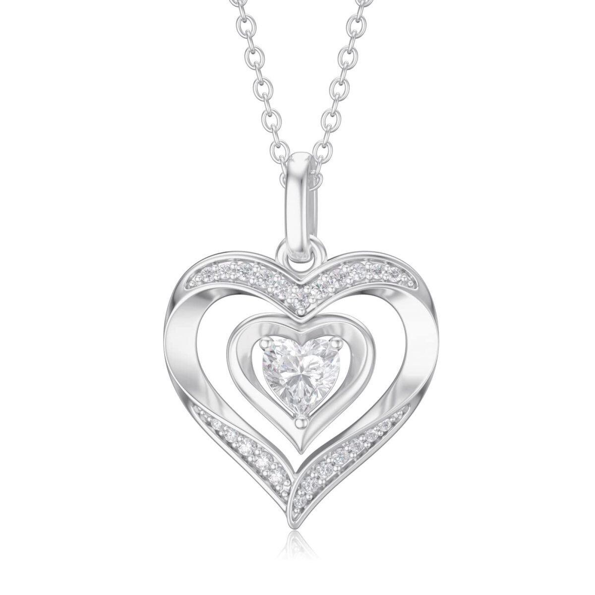 14K White Gold Cubic Zirconia Heart Pendant Necklace-1