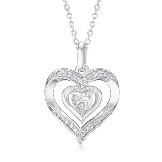 14K White Gold Cubic Zirconia Heart Pendant Necklace