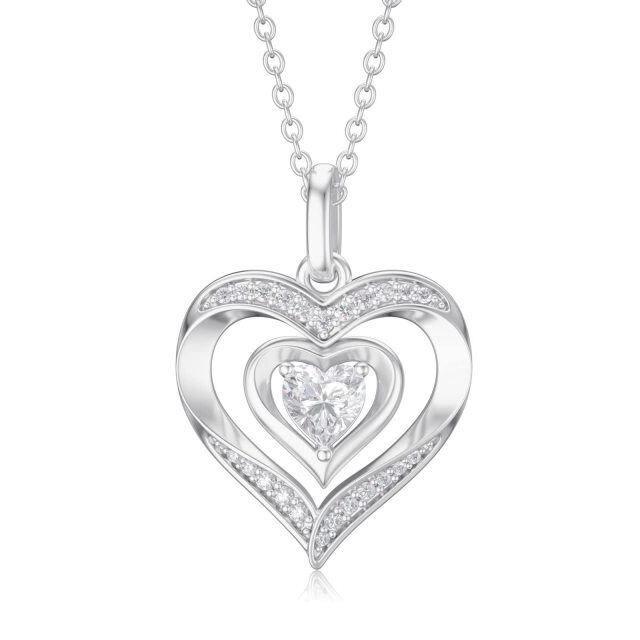 Collier avec pendentif en forme de cœur en or blanc 14 carats et zircone cubique-1