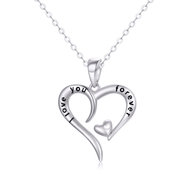 14K White Gold Heart With Heart Pendant Necklace with Engraved Word-1