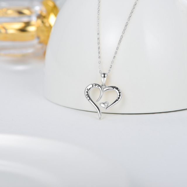 14K White Gold Heart With Heart Pendant Necklace with Engraved Word-3