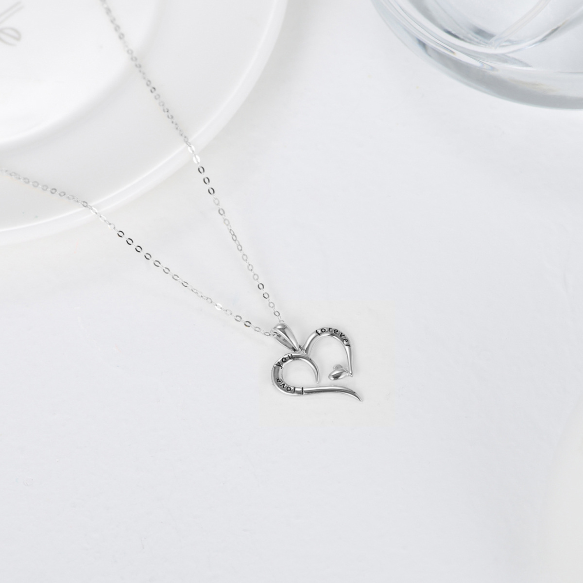 14K White Gold Heart With Heart Pendant Necklace with Engraved Word-4