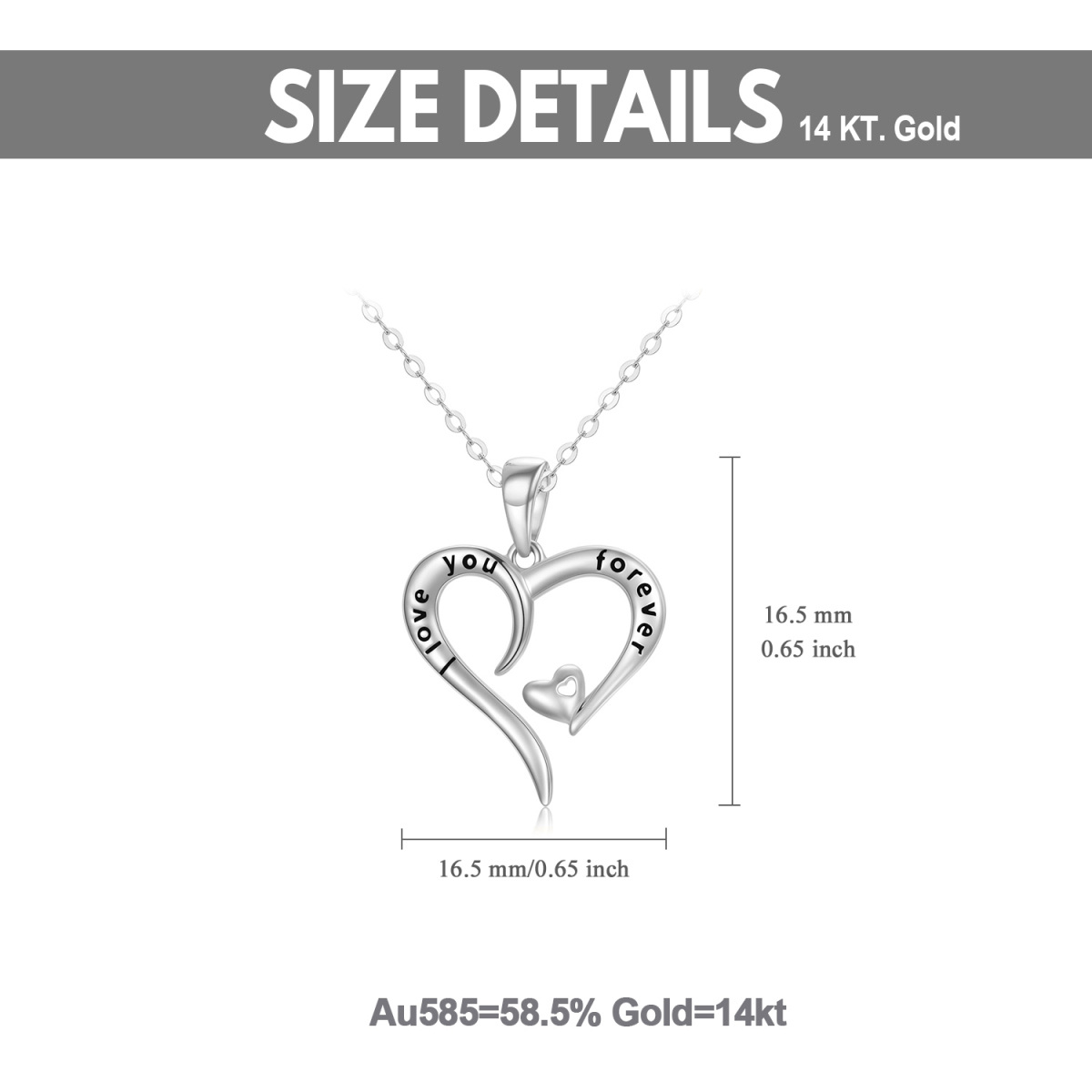 14K White Gold Heart With Heart Pendant Necklace with Engraved Word-5