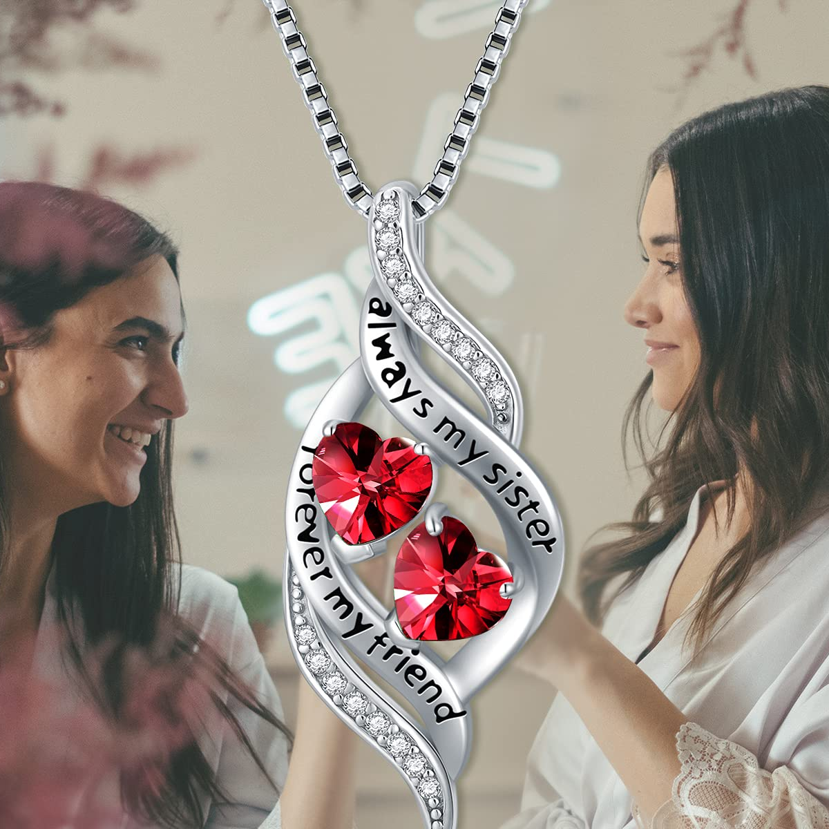 Sterling Silver Heart Personalized Birthstone Engraving Necklace-5