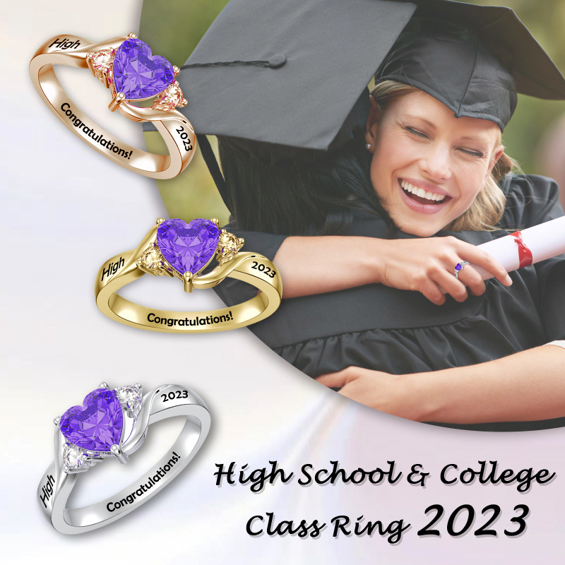 10K White Gold Heart Cubic Zirconia Personalized Engraving & Birthstone Ring-4