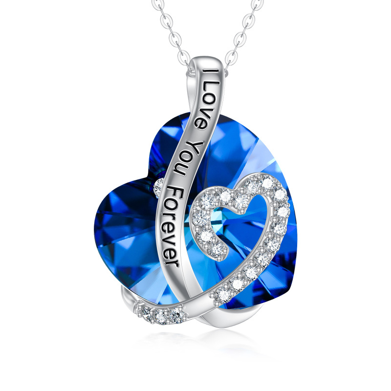 Colar com pingente de coração de cristal azul em ouro branco 14K gravado I Love Your Forever