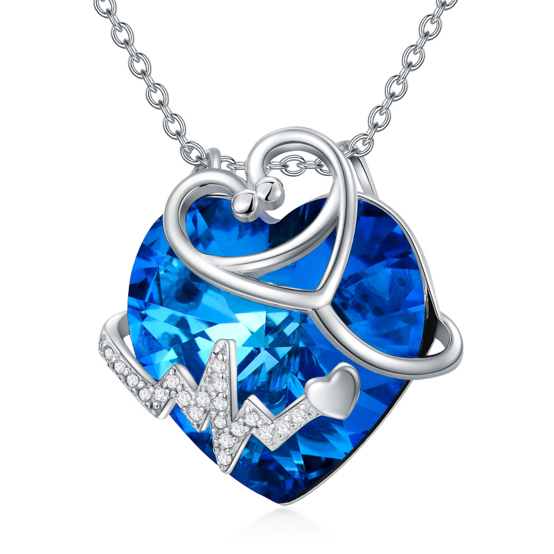 Colar com pendente coração e estetoscópio em prata de lei e cristal-4