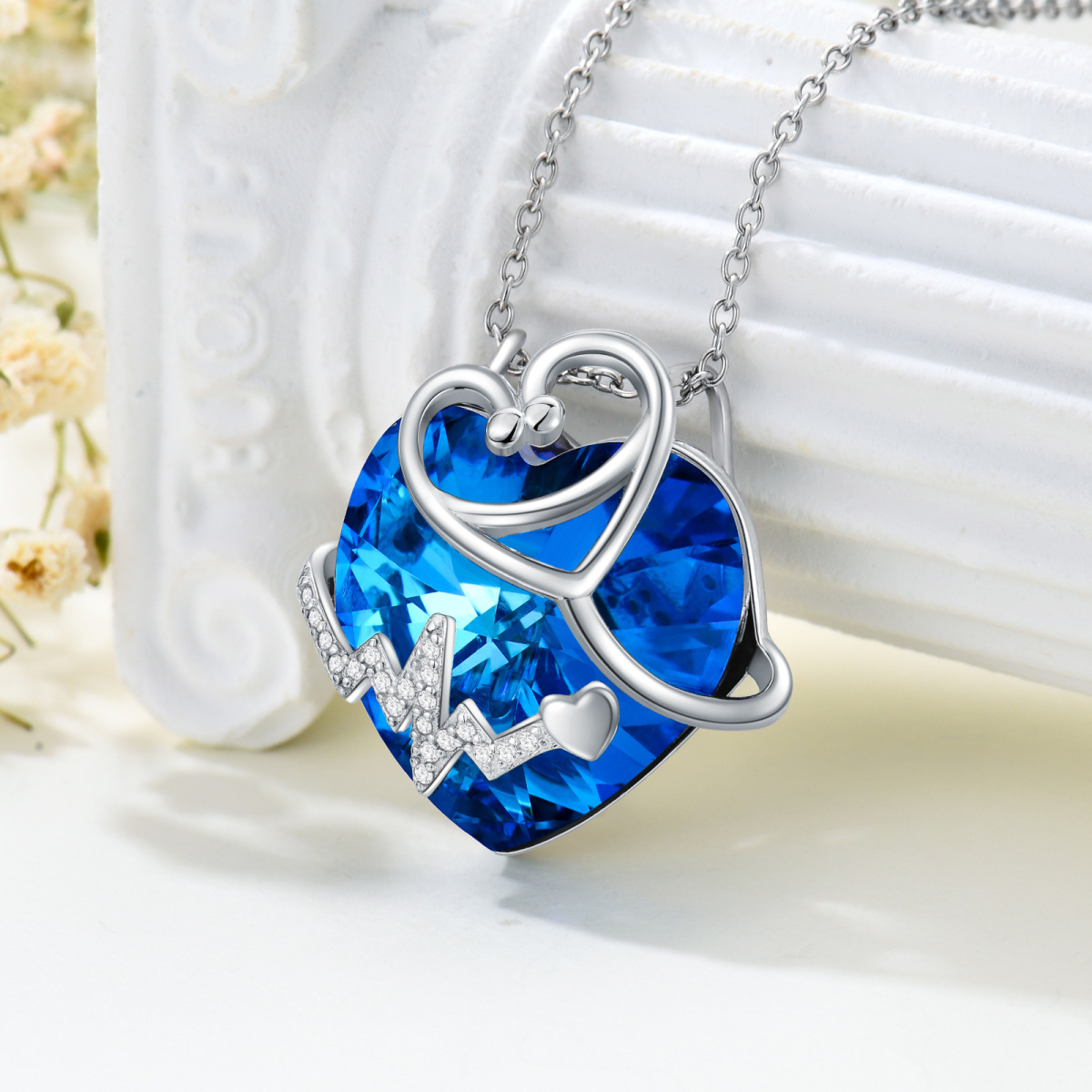 Sterling Silver Heart & Stethoscope Crystal Pendant Necklace-3