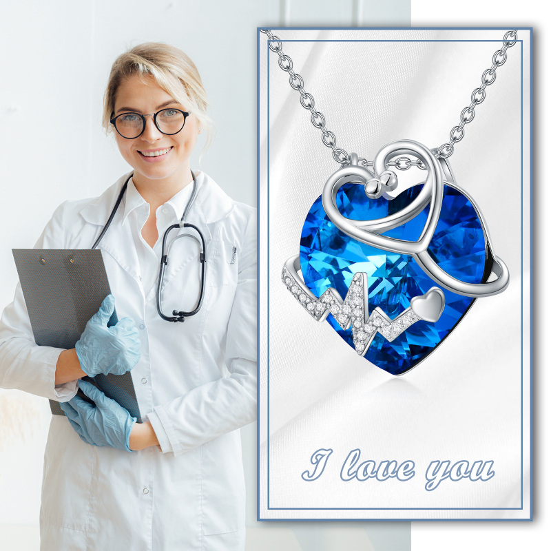 Sterling Silver Heart & Stethoscope Crystal Pendant Necklace-5