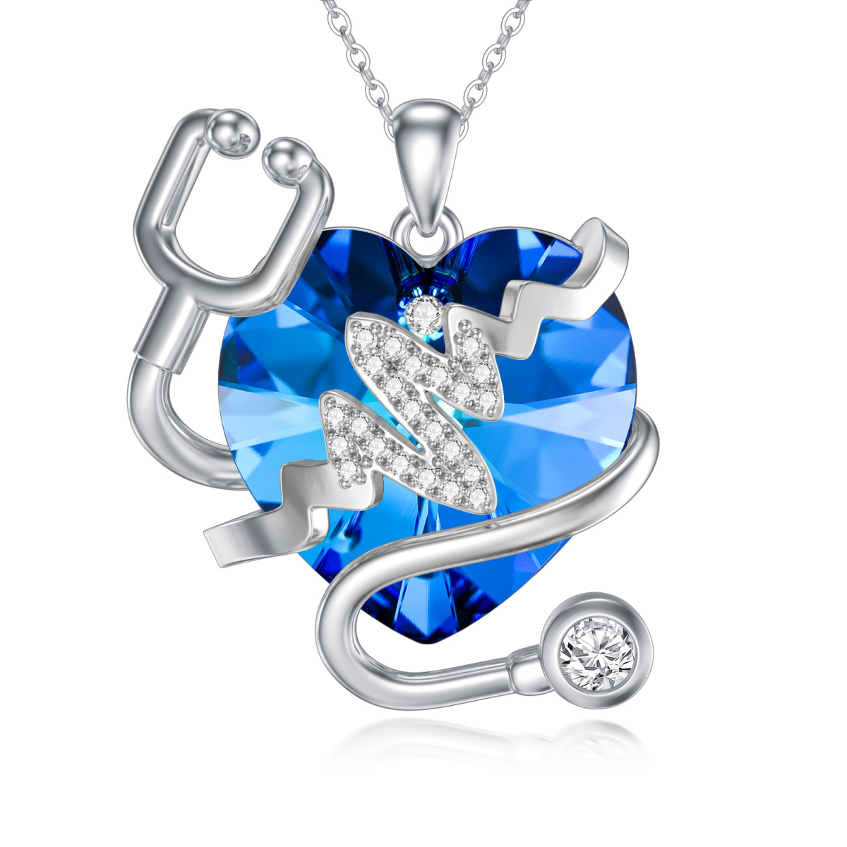 Sterling Silver Heart & Stethoscope Crystal Pendant Necklace-1