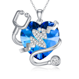 Sterling Silver Heart & Stethoscope Crystal Pendant Necklace-3
