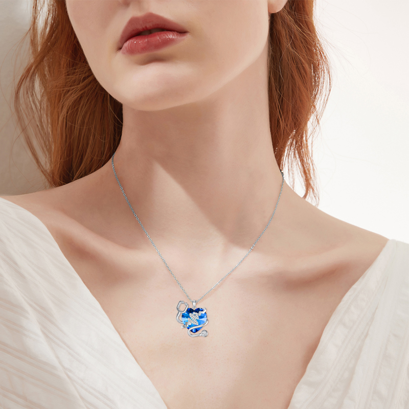 Sterling Silver Heart & Stethoscope Crystal Pendant Necklace-2