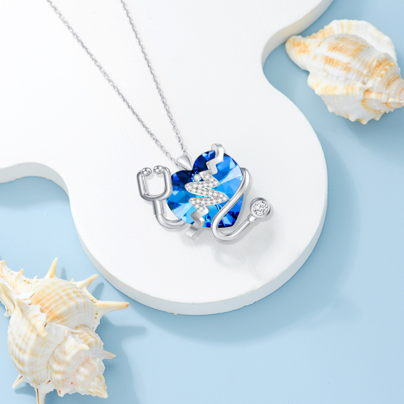 Sterling Silver Heart & Stethoscope Crystal Pendant Necklace-3