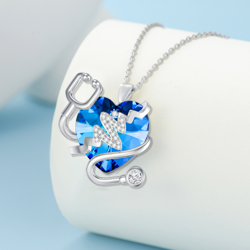 Sterling Silver Heart & Stethoscope Crystal Pendant Necklace-4