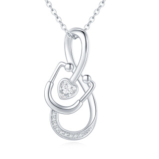 Sterling Silver Cubic Zirconia Heart & Stethoscope Pendant Necklace-3