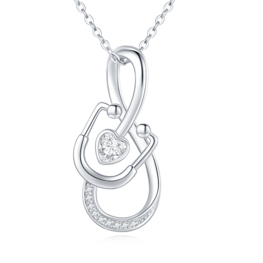 Collar con colgante de estetoscopio en forma de corazón y circonita cúbica en plata de ley