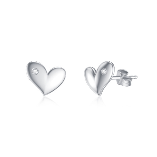 14K White Gold Cubic Zirconia Heart Stud Earrings