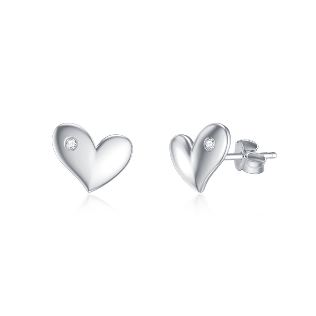 14K White Gold Cubic Zirconia Heart Stud Earrings-1