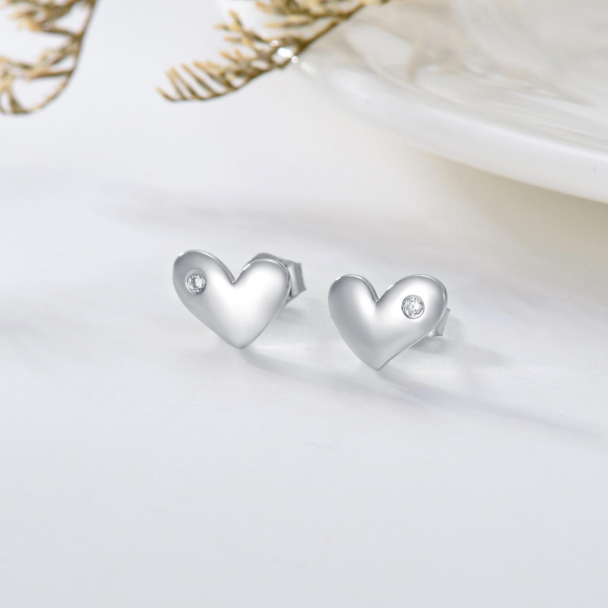 14K White Gold Cubic Zirconia Heart Stud Earrings-3