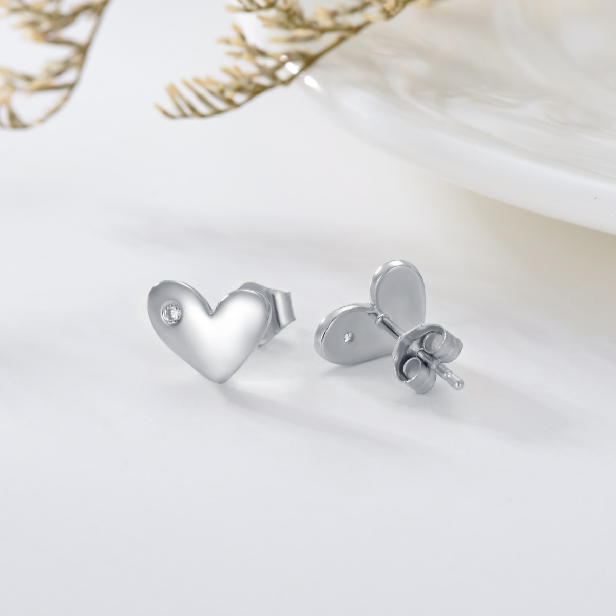 14K White Gold Cubic Zirconia Heart Stud Earrings-4