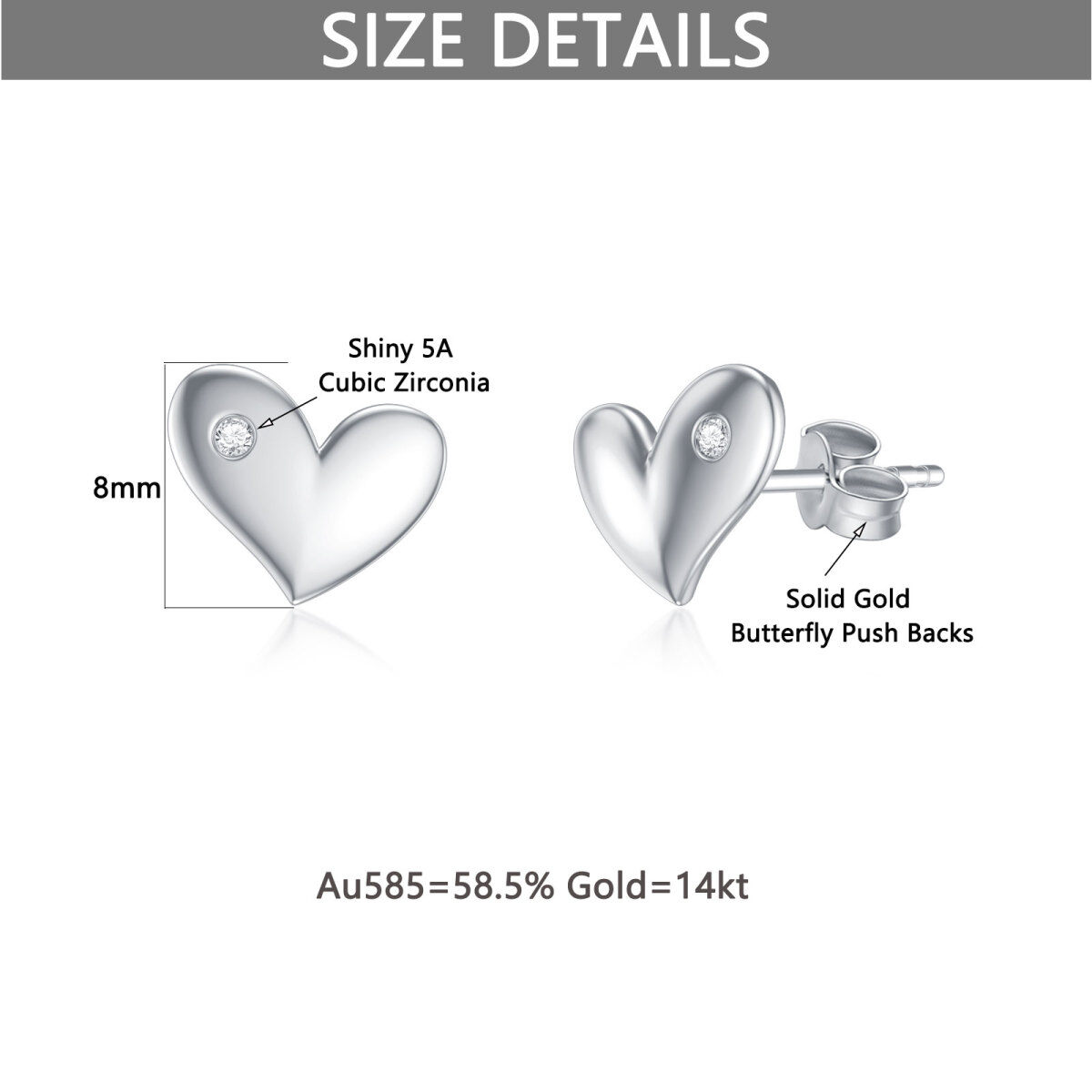 14K White Gold Cubic Zirconia Heart Stud Earrings-6