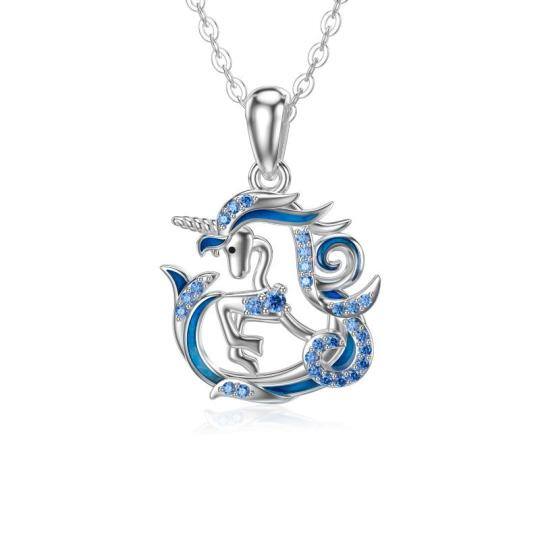 14K Weißgold Cubic Zirkonia Herz & Einhorn Anhänger Halskette