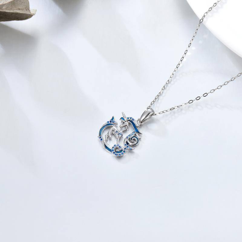 14K White Gold Cubic Zirconia Heart & Unicorn Pendant Necklace-3