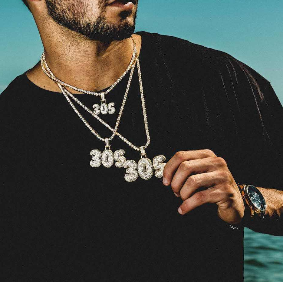 Dijes colgantes de fuente de burbuja personalizados de hip hop con circonita cúbica helada en oro blanco de 14 quilates-2