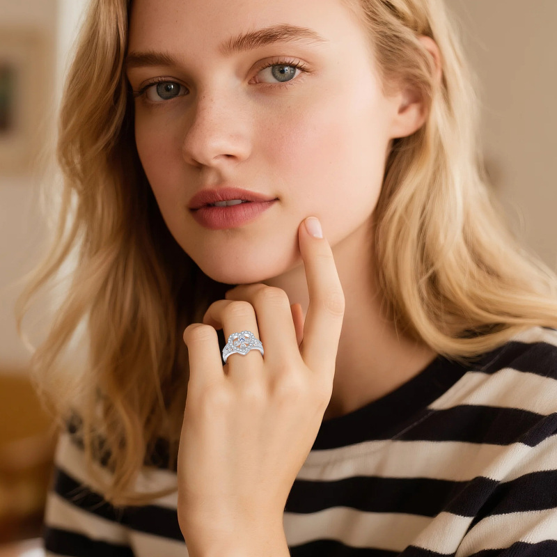 Sterling Silver Cubic Zirconia Ivy & Cross & Heart Ring-2