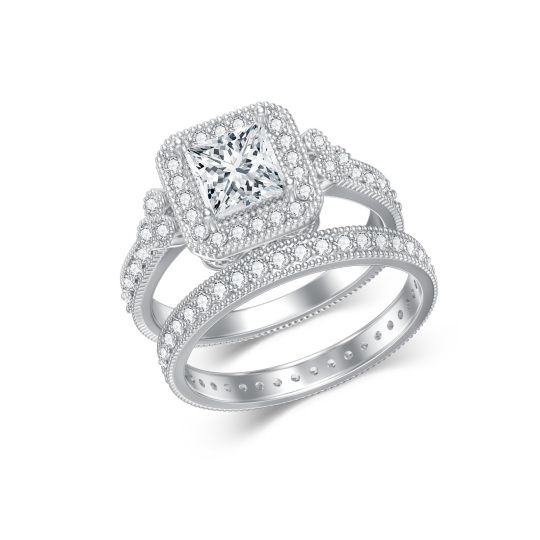 Bague de fiançailles carrée en or blanc 10 carats avec diamants créés en laboratoire et moissanite pour femme