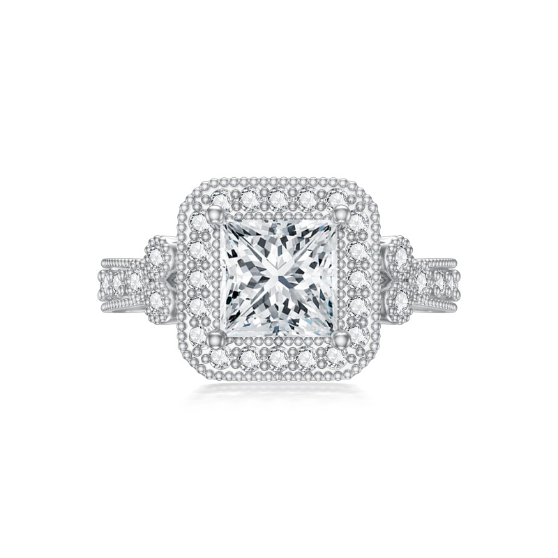 خاتم خطوبة مربع مخصص من الذهب الأبيض عيار 14 قيراطًا مرصع بالألماس والمواسانيت، حاصل على شهادة 3EX IGI-3