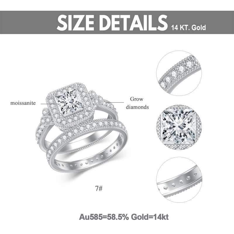 خاتم خطوبة مربع مخصص من الذهب الأبيض عيار 14 قيراطًا مرصع بالألماس والمواسانيت، حاصل على شهادة 3EX IGI-6