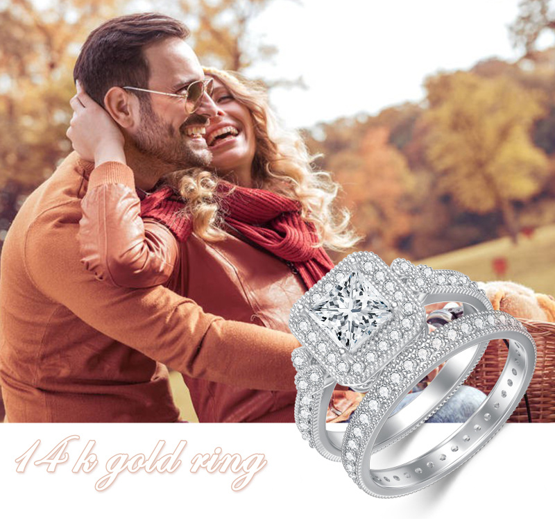 خاتم خطوبة مربع مخصص من الذهب الأبيض عيار 14 قيراطًا مرصع بالألماس والمواسانيت، حاصل على شهادة 3EX IGI-7