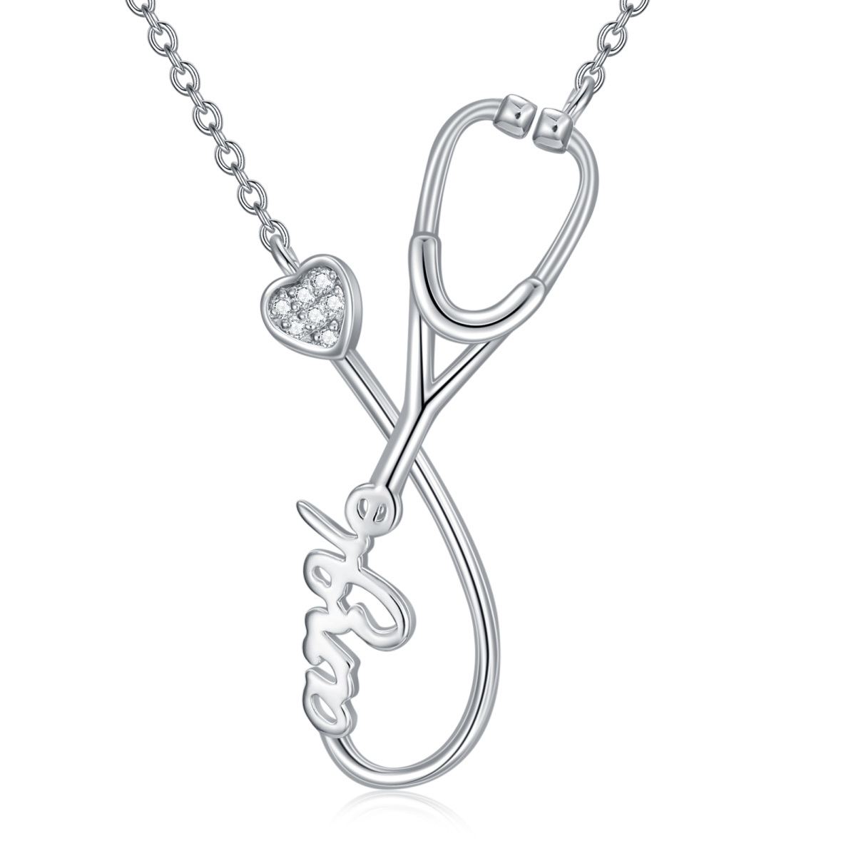 14K White Gold Lab Created Diamond Name & Stethoscope Pendant Necklace-1