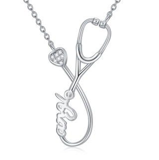 Sterling Silver Lab Created Diamond Name & Stethoscope Pendant Necklace-1