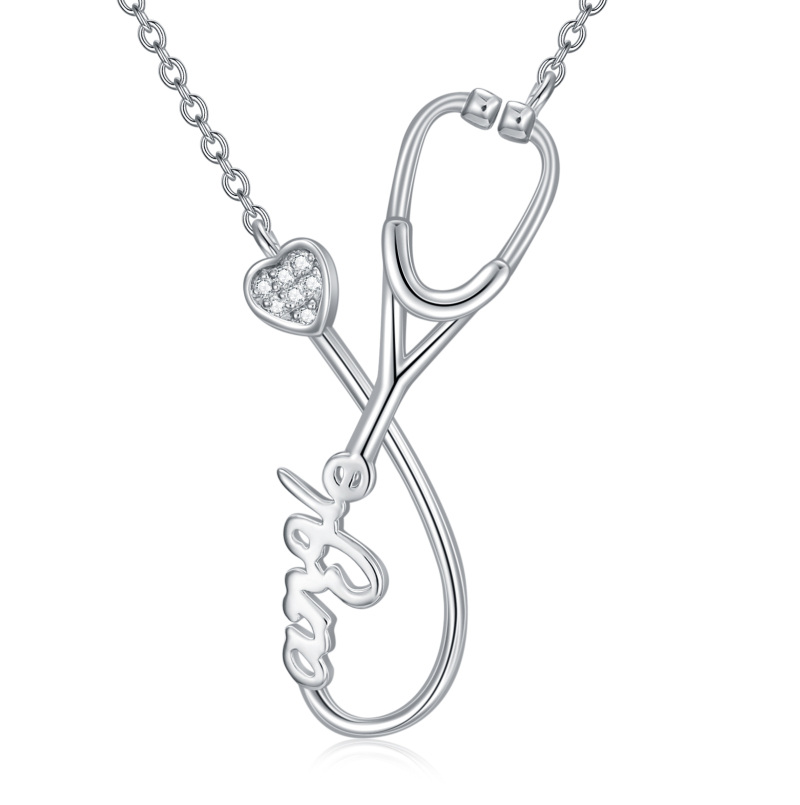 Colar com pendente estetoscópio em prata de lei criado em laboratório com diamante-5