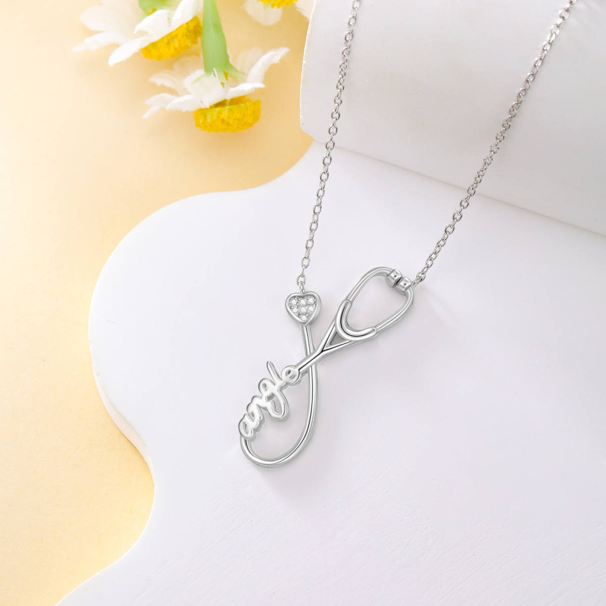 14K White Gold Lab Created Diamond Name & Stethoscope Pendant Necklace-3